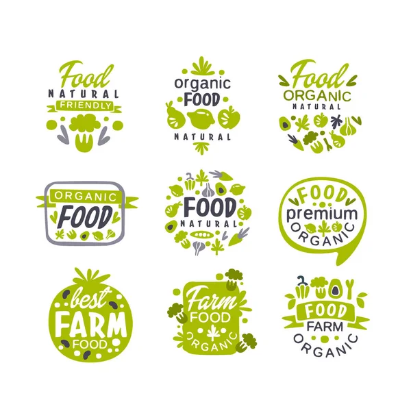 Hand drawn gray and green organic healthy food logo set. Fresh farm products. Creative labels with vegetables and fruits. Vector collection — Stock Vector