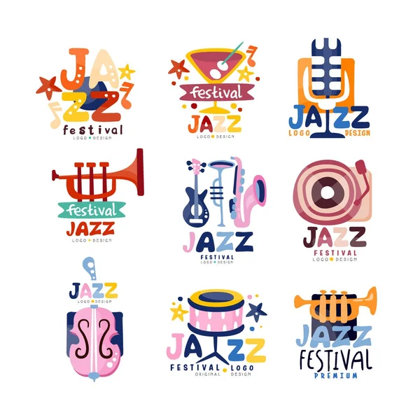 Colorful logos set for jazz festival or live concert. Emblems with guitar, saxophone, retro player, trumpet, microphone, bass. Hand drawn vector collection. — Stock Vector
