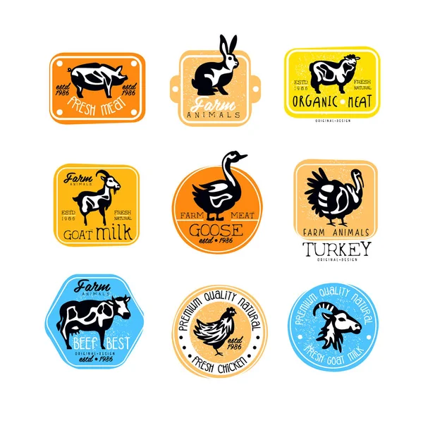 Conjunto de etiquetas retro para lácteos y productos cárnicos naturales. Logos de carnicería. Insignias vectoriales con siluetas de animales de granja. Leche de cabra, cerdo fresco, ternera, conejo, pollo, pavo — Vector de stock