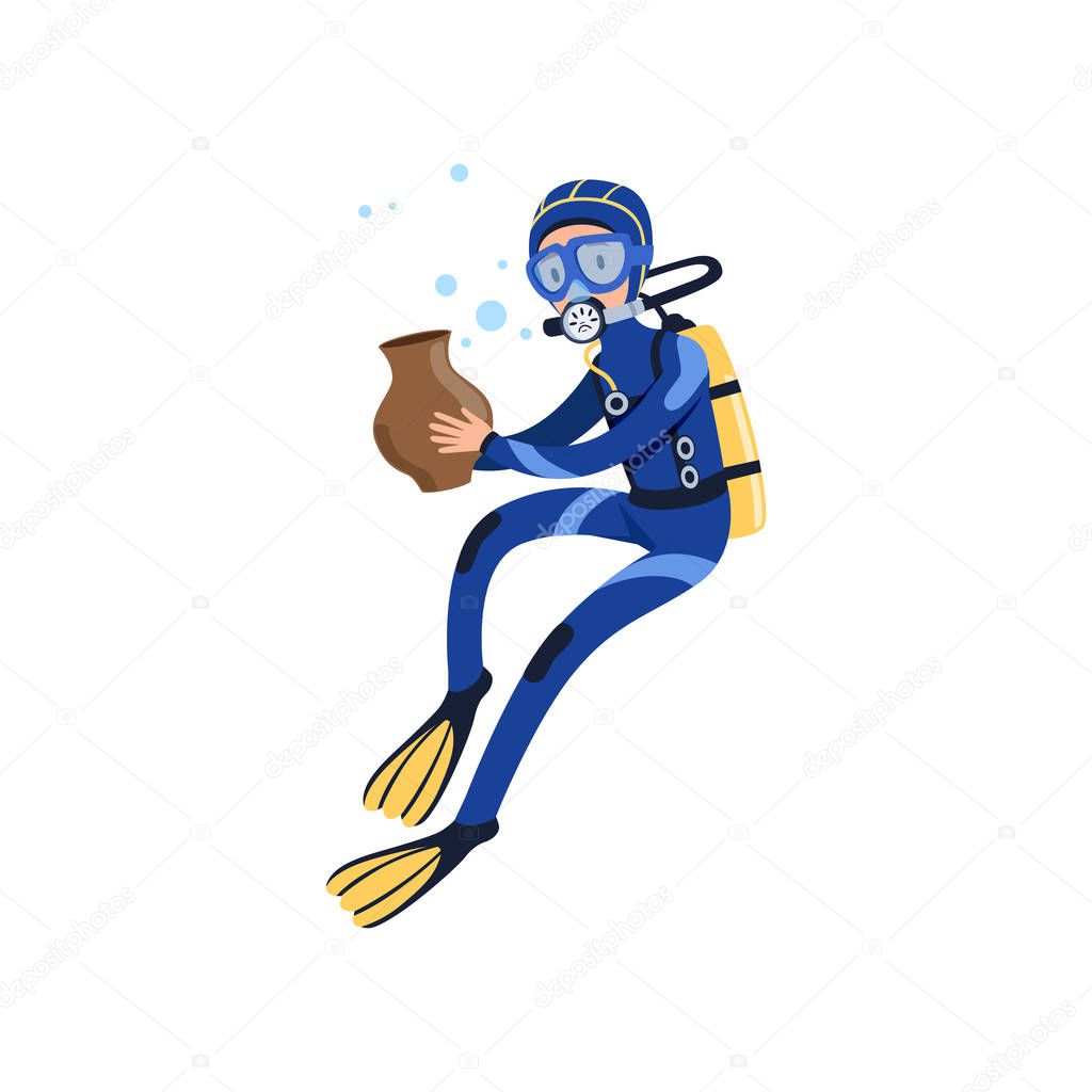 Diver found ancient vessel on the ocean floor. Cartoon man in special diving suit, swimming goggles, flippers and breathing gas on back. Flat vector design