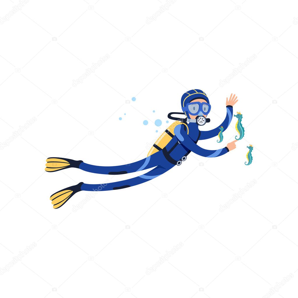 Seahorses and diver in underwater world. Summer vacation. Man in wetsuit, swimming goggles, flippers and equipment for breathing on back. Flat vector design