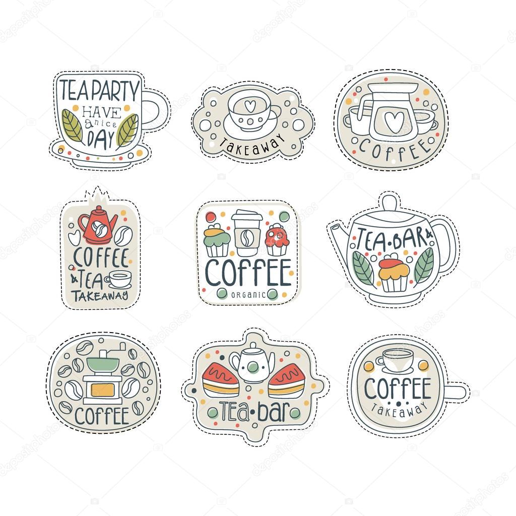 Cute hand drawn set of coffee and tea labels for street shop, cafe or bar. Take away store. Isolated line style vector with lettering.