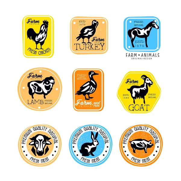 Vektor-Etiketten für Fleischgeschäfte. Logos mit Silhouetten von Nutztieren. Metzgerei. Aufkleber mit Lamm, Pute, Huhn, Ziege, Rind und Schwein für Markenprodukte — Stockvektor