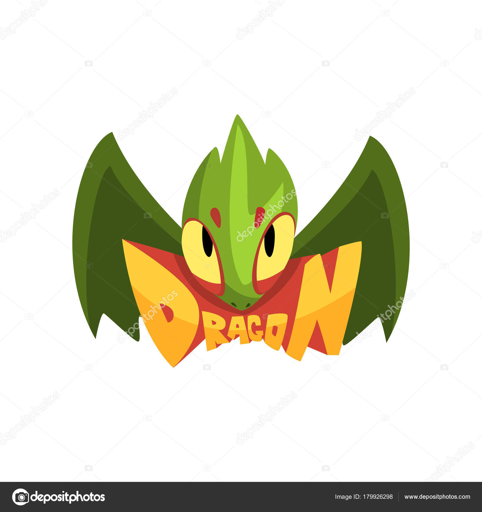 Drago verde di favola con gli occhi e le ali Personaggio dei cartoni animati della mitica creatura Design piatto per gioco per cellulare logo sticker