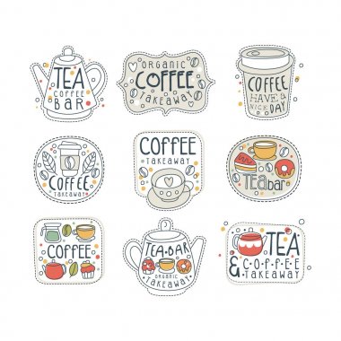 Kahve ve çay yapma etiketleri sokak Salonu, kafe ve bar farklı şekillerde ayarlama. Mağaza götürün. Elle çizilmiş vektör yazı ile. Sıcak içecekler, kek, çörek Hat sanatı.