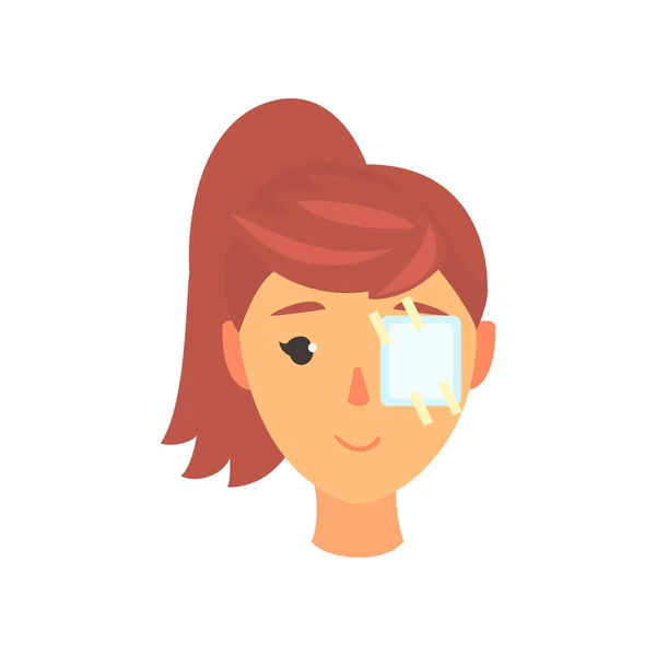 Mujer joven con parche de yeso de medicina en el ojo, concepto de oftalmología vector de dibujos animados Ilustración — Vector de stock