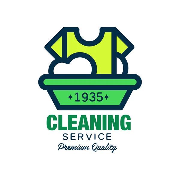 Vector logo for cleaning company. T-shirt and plastic basin with foam. Laundry service. Simple icon in linear style with green fill. Design for flyer, poster or banner — Stock Vector