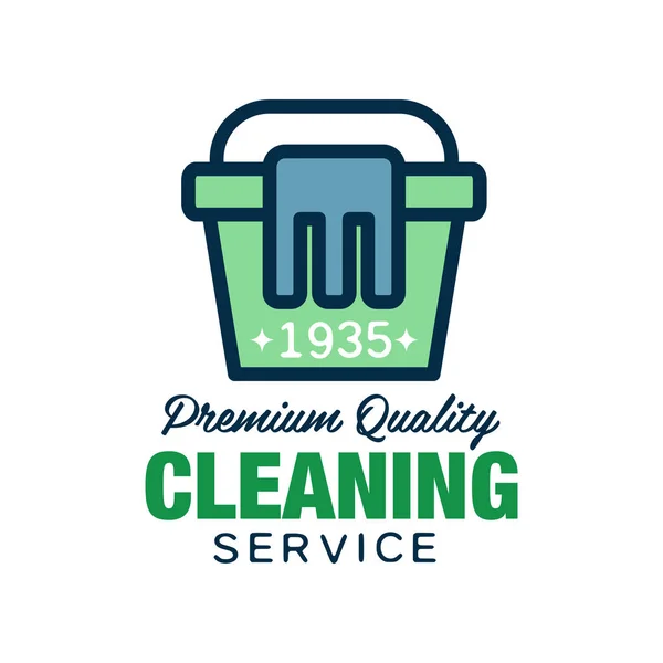 Home and apartment cleaning service logo in linear style. Green bucket with blue rag icon. Flat vector design for flyer, poster, company or agency insignia — Stock Vector