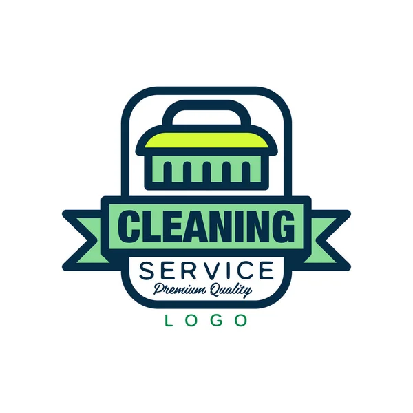 Creative logo, emblem, badge or label with cleaning brush and decorative ribbon. Maid or car wash service. Simple vector icon in linear style with green fill — Stock Vector