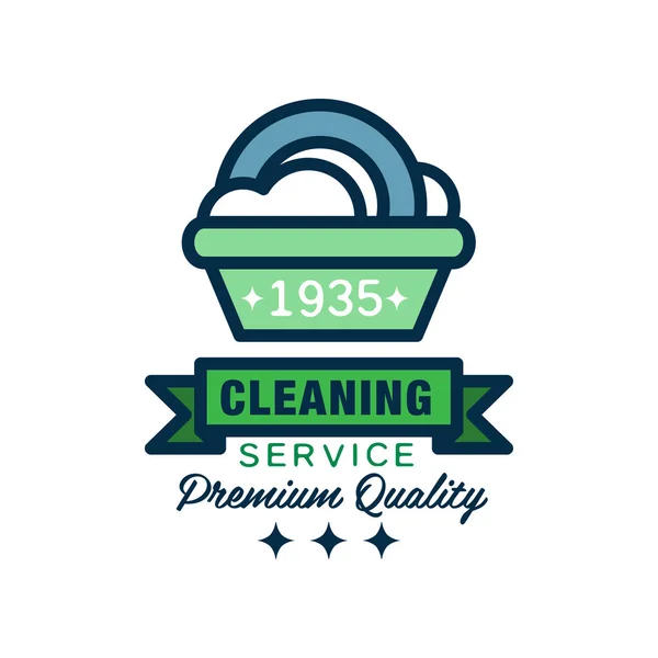 Linear logo for cleaning agency. Plastic basin with foam. Kitchen dish washing. Decorative ribbon. Premium quality services. Flat vector for label, emblem, poster, flyer — Stock Vector