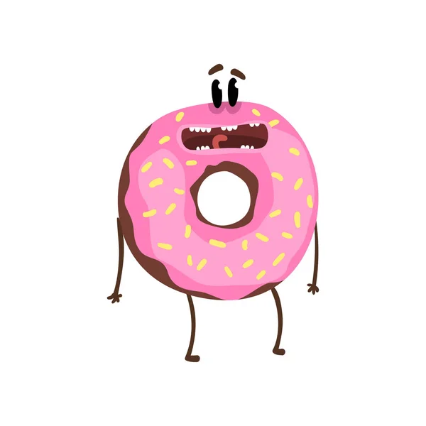 Divertido donut humanizado con esmalte de vainilla rosa y salpicaduras. Personaje de donut de dibujos animados con expresión de cara feliz. Concepto de postre dulce. Diseño de vector plano — Vector de stock