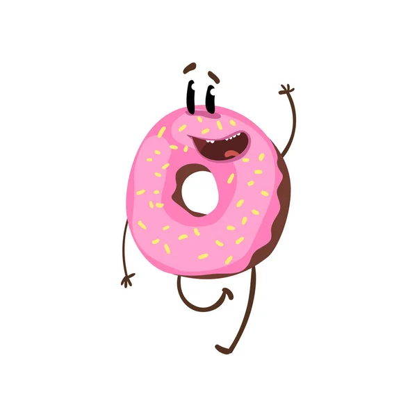 Carácter donut amable caminar y saludar de la mano. Donut anillo de dibujos animados con acristalamiento rosa y aspersiones. Comida callejera. Diseño de vectores planos para impresión, pegatina o café — Vector de stock