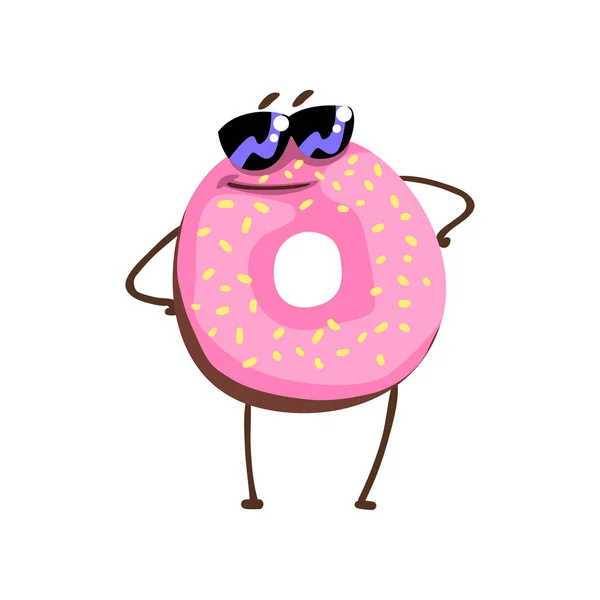 Дивовижний персонаж пончика в сонцезахисних окулярах, що стоїть зі зброєю акімбо. Мультяшний пончик з рожевою ванільною глазур'ю та зморшками. Плоский вектор для наклейки, вітальної листівки, друку — стоковий вектор