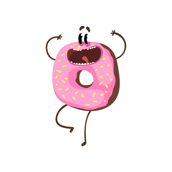 Feliz personaje de donut saltando con las manos en alto. Donut de dibujos animados con esmalte de vainilla rosa y salpicaduras. Dulce panadería. Comida callejera. Diseño de vectores planos para impresión o pegatina — Vector de stock