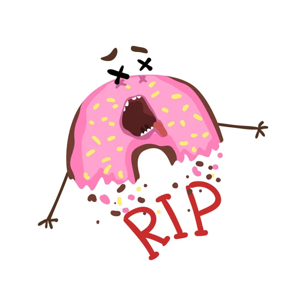 Cartoon half-eaten donut with pink glaze and sprinkles. Dead doughnut with cross eyes and stuck-out tongue. RIP. Funny flat vector design for t-shirt print or sticker — Stock Vector