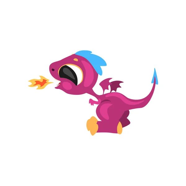 Cute little dragon having fun and breathing with fire. Cartoon character of fantastic animal. Flat vector for sticker, card, kids print, mobile or computer game — Stock Vector