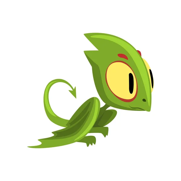 İri gözlü, baş ve uzun kuyruk komik yeşil bir ejderha. Çizgi film karakteri efsanevi yaratık. Düz vektör tasarım öğesi için çocuk telefon ya da bilgisayar oyunu — Stok Vektör