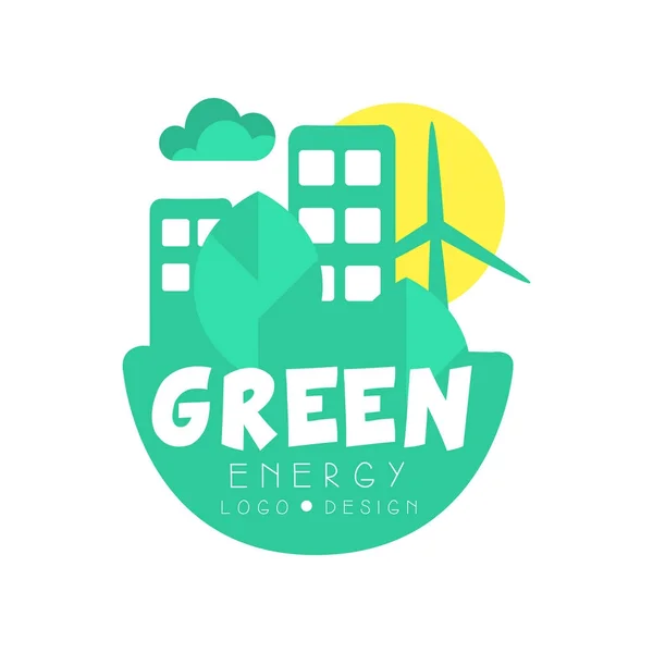 Modello di design originale logo energia verde. Eco-friendly concetto di città pulita con edifici, alberi e mulino a vento. Vettore piatto isolato su bianco . — Vettoriale Stock