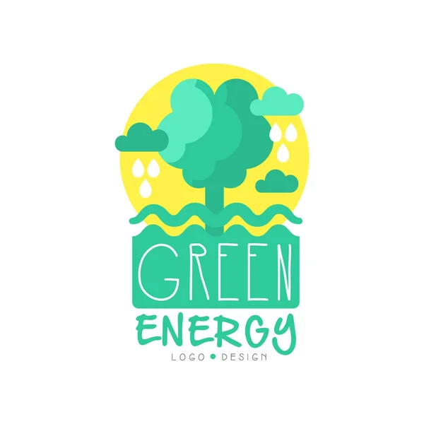 Modello originale logo verde e giallo con albero con fogliame, nuvole e pioggia. Industria alternativa pura di produzione di energia ecologica. Vettore piatto isolato su bianco . — Vettoriale Stock
