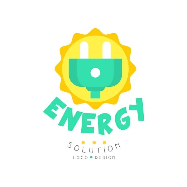 Progettazione originale di logo della soluzione di energia verde con la spina elettrica per il commercio o l'azienda eco-compatibili. Potenza pura alternativa. Vettore piatto isolato su bianco — Vettoriale Stock