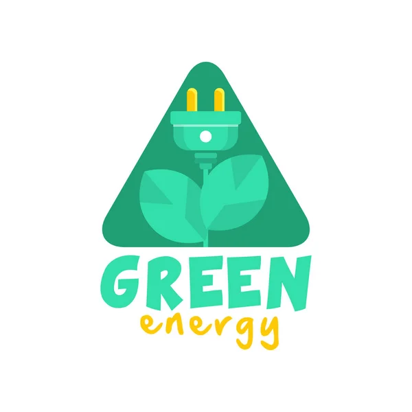 Logo design con pianta astratta con foglie e spina elettrica invece di fiore. Etichetta energetica pura alternativa verde e gialla. Vettore piatto isolato su bianco — Vettoriale Stock