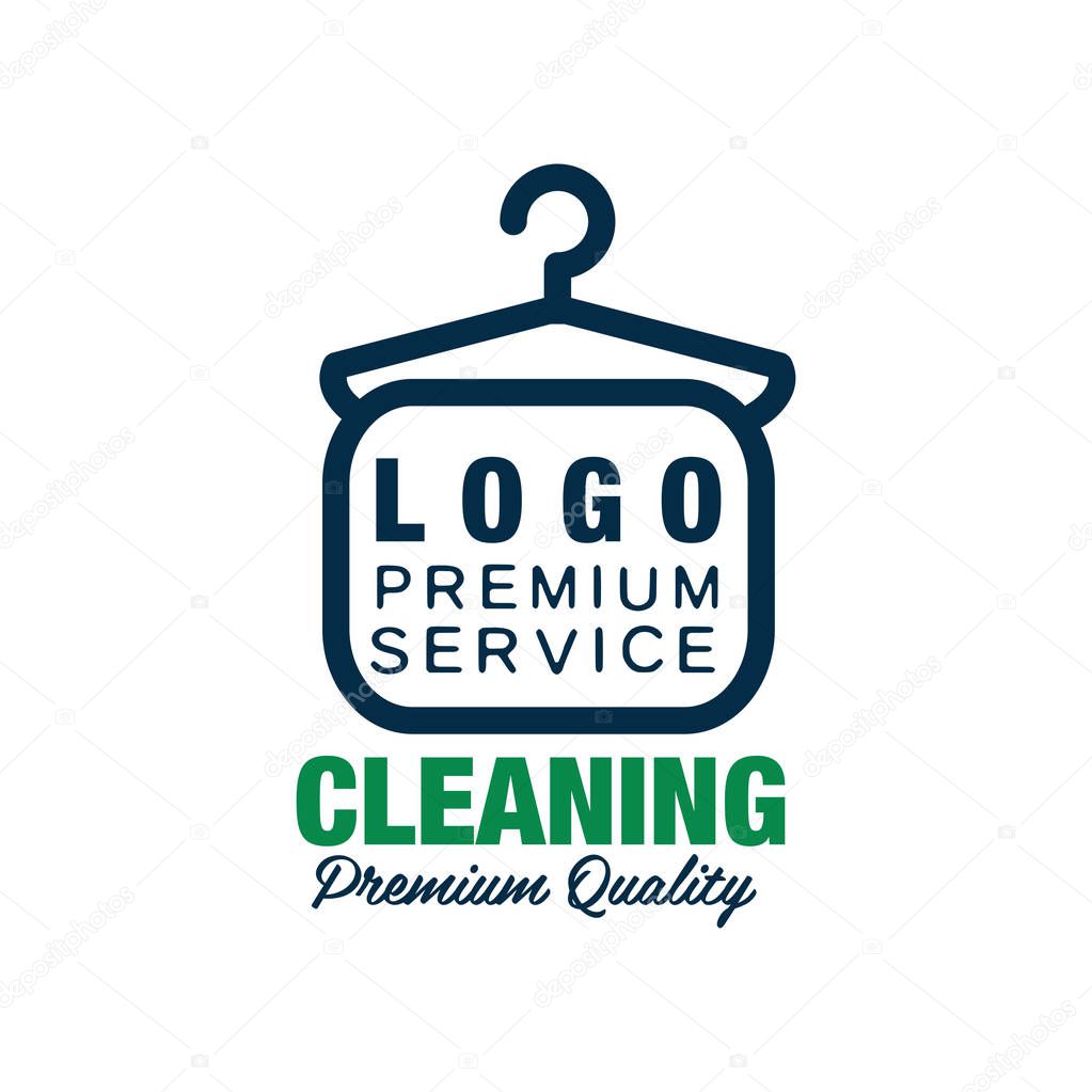 Creative logo for dry cleaning or laundry service. Clothes hanger symbol in line style. Flat vector illustration isolated on white. Place for text. Design element for card, flyer, poster or banner.