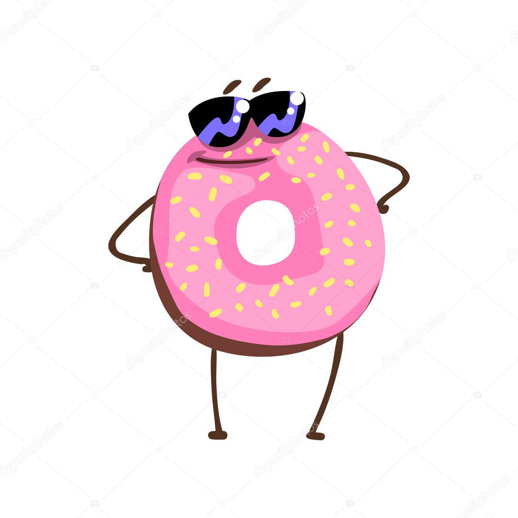 Awesome donut character in sunglasses standing with arms akimbo. Cartoon doughnut with pink vanilla glaze and sprinkles. Flat vector for sticker, greeting card, print