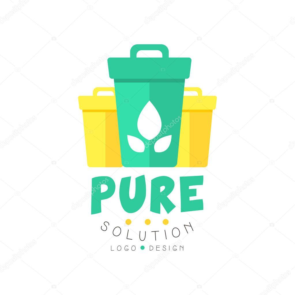 Original pure solution logo design template with three garbage bins for sorting waste. Green and yellow label concept for environmentally friendly business or company. Flat vector isolated on white