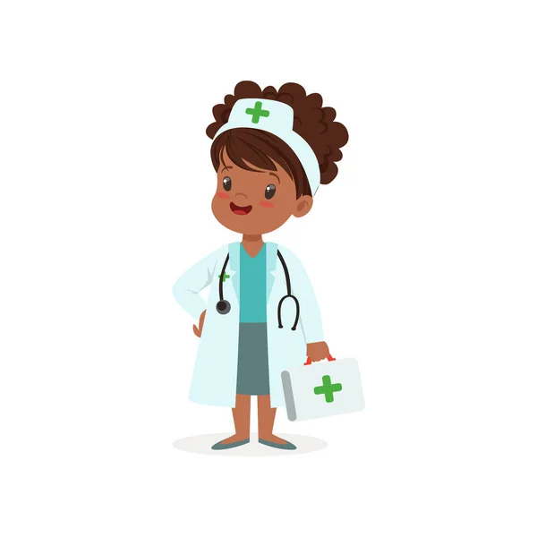 Personaje niña pensar en unirse a la profesión médica. Trabajo para ayudar a la gente. Ilustración vectorial plana — Archivo Imágenes Vectoriales