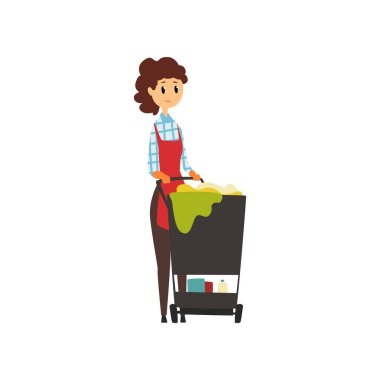 Woman worker standing near trolley with cleaning tools. Maid service concept. Hotel housekeeper. Young girl in uniform. Professional at work. Flat vector design clipart