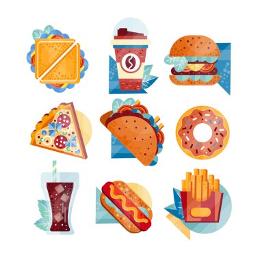 Fast food ve içecekler ile düz vektör simgeler. Sandviç, kahve, hamburger, pizza, tacos, çörek, soda, sosisli sandviç ve patates kızartması. Sağlıksız beslenme