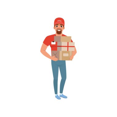 Gülümseyen adam paketleri teslim sakallı. Teslim hizmet anlayışı. Kırmızı tişört, şapka ve kot giymiş kurye karakter karikatür. Düz vektör tasarımı