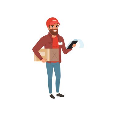 Karton paket ve klibi kurulu elinde tutan karikatür kurye. Teslimat adam karakter Tekdüzen kırmızı şapka, tişört, ceket ve kot pantolon içinde sakallı. Düz vektör tasarımı