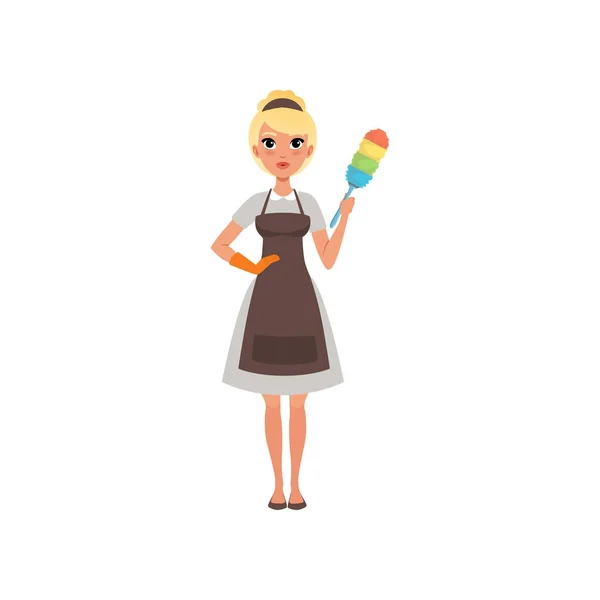 Pretty woman maid holding colorful dust brush. Hotel cleaning service. Cartoon blond girl character wearing dress, apron and glove. Flat vector design — Stock Vector