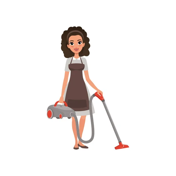 Karakter kartun pelayan hotel dengan vacuum cleaner. Gadis muda berambut keriting berpakaian dan celemek. Layanan kebersihan rumah. Profesional di kantor. Desain vektor datar - Stok Vektor