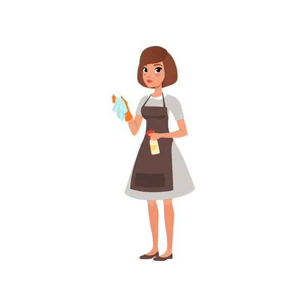 Cartoon woman character holding rag and spray bottle with cleaning liquid. Hotel maid service. Domestic worker. Girl in dress, apron and glove. Flat vector design — Stock Vector