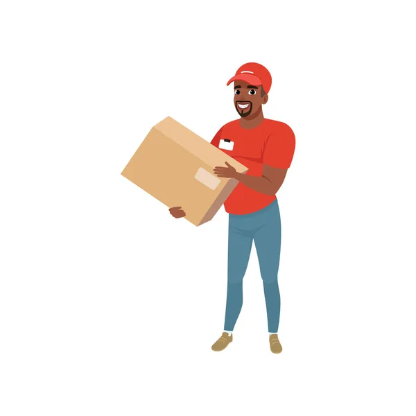 Bearded afro-american man delivering package. Cartoon courier character dressed in red t-shirt, cap and blue jeans. Concept of delivery service. Flat vector design — Stock Vector