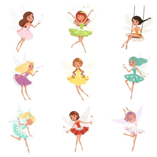 Collection of little fairies. Magical creatures from fairy tale. Cartoon girls characters with colorful hair and wings. Vector for kids book, sticker, print or postcard — Stock Vector