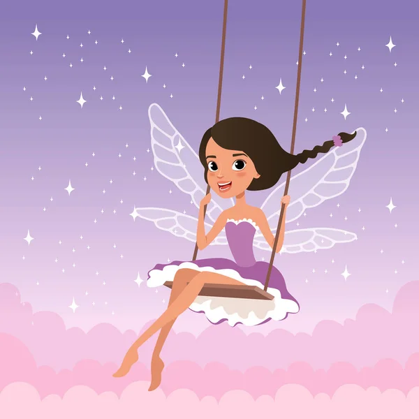 Cute fairy on swing. Magical creature from fairy tale. Cartoon girl character with wings wearing purple dress. Beautiful starry sky on background. Flat vector design — Stock Vector