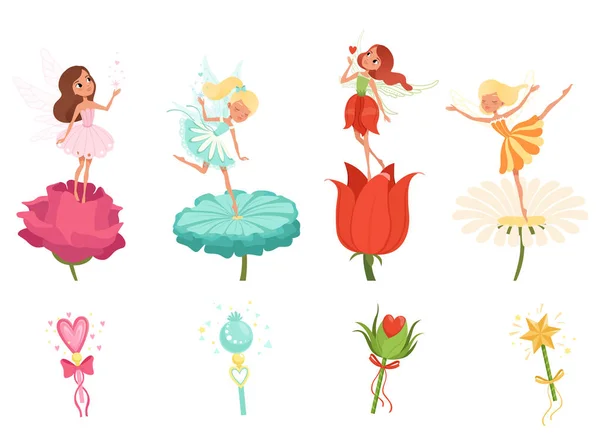 Набір маленьких фей, що височіють над красивими квітами. Мультяшні дівчата одягнені в різнокольорові сукні. Милі магічні істоти з крилами. Чарівні палички. Плоский векторний дизайн — стоковий вектор