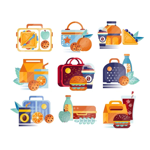 Vector set of icons with lunch boxes and bags with food and drinks. Hamburgers, sandwiches, cookies, juice, coffee, fruits. Lunchtime or breakfast concept. Flat design