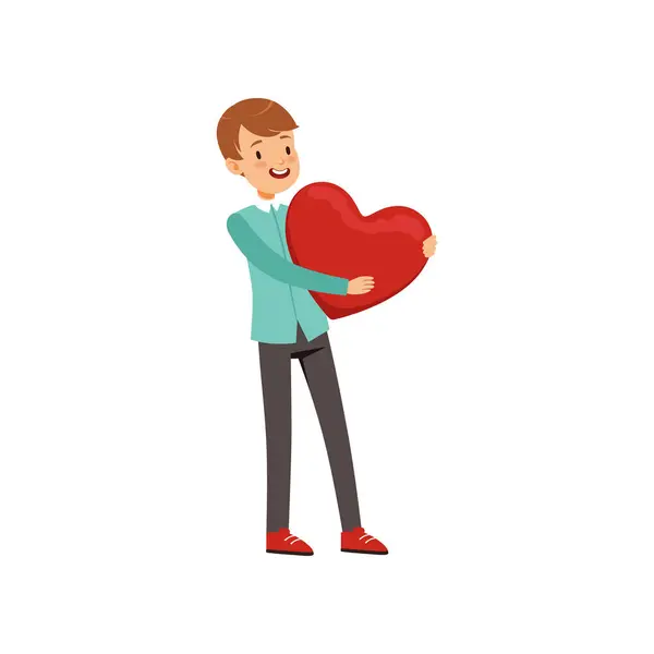 微笑的青年男孩藏品红色心脏, 快乐情人节概念, 爱和关系矢量插图 — 图库矢量图片