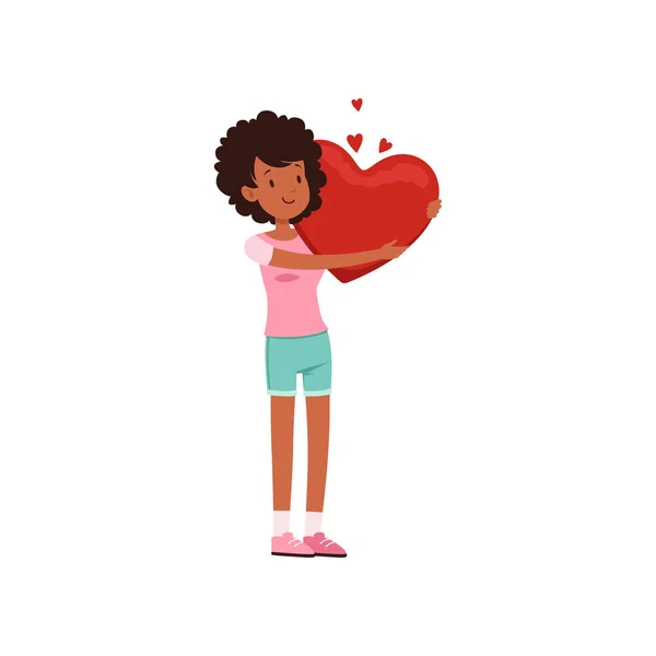 Jolie adolescente afro-américaine au cœur rouge, concept Happy Valentines Day, vecteur amour et relations Illustration — Image vectorielle