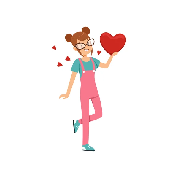 戴眼镜的少女抱着红心, 情人节快乐的概念, 爱情和关系矢量插画 — 图库矢量图片