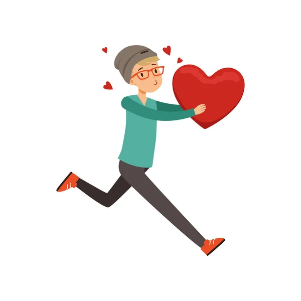 Mutlu Sevgililer günü kavramı, aşk ve ilişkiler illüstrasyon vektör kırmızı kalp ile çalışan mutlu genç çocuk — Stok Vektör