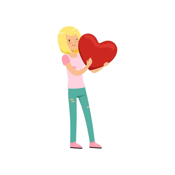 Güzel sarışın genç kız holding kırmızı kalp, mutlu Sevgililer günü kavramı, aşk ve ilişkiler illüstrasyon vektör — Stok Vektör
