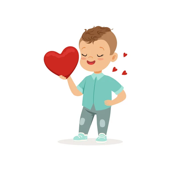 Симпатичный счастливый маленький мальчик держит красное сердце, счастливый День Святого Валентина концепции, любовь и отношения вектор иллюстрации — стоковый вектор