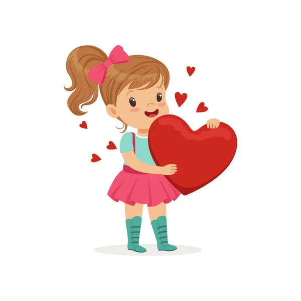 Tatlı küçük kız holding kırmızı kalp, mutlu Sevgililer günü kavramı, aşk ve ilişkiler illüstrasyon vektör — Stok Vektör