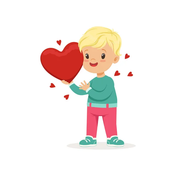 Petit garçon doux tenant le cœur rouge, concept Happy Valentines Day, vecteur amour et relations Illustration — Image vectorielle