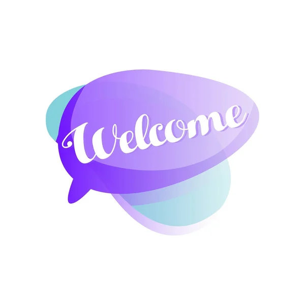 Burbuja de habla púrpura y azul con frase corta Welcome. Icono en color degradado con mensaje de saludo. Diseño de vectores para aplicaciones móviles, chat o mensajería — Archivo Imágenes Vectoriales